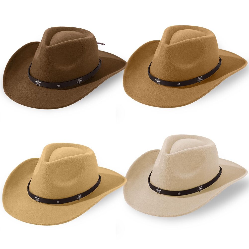 8049 4 Pcs Classic Western Cowboy Hat Felt Wide Brim Cowgirl Hats Belt